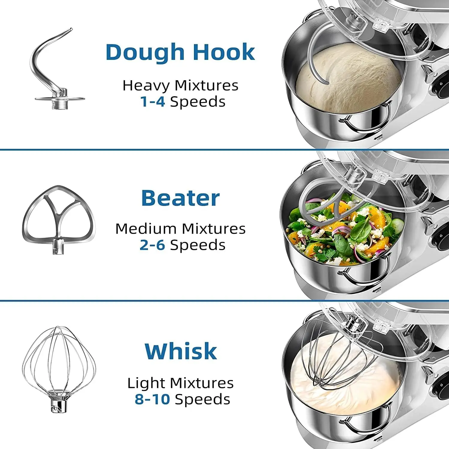 9,5 Qt keukenmixer, 10 kantelbare voedselmixer, Vezzio 660W keuken elektrische mixer met roestvrijstalen kom, vaatwasmachinebestendig