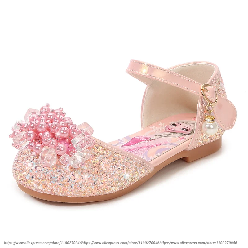 

Disney Frozen Baby Girls Sandals Leather Shoes Princess Cartoon Anna Elsa Kids Children Glitter Crystal Shoes Bowknot Pearl