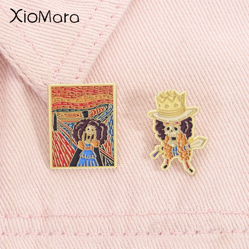 Japanische Anime Charakter Emaille Pin Afro Skelett Musiker Comic Manga Sammlung Broschen Revers Abzeichen Schmuck Geschenke für Freunde