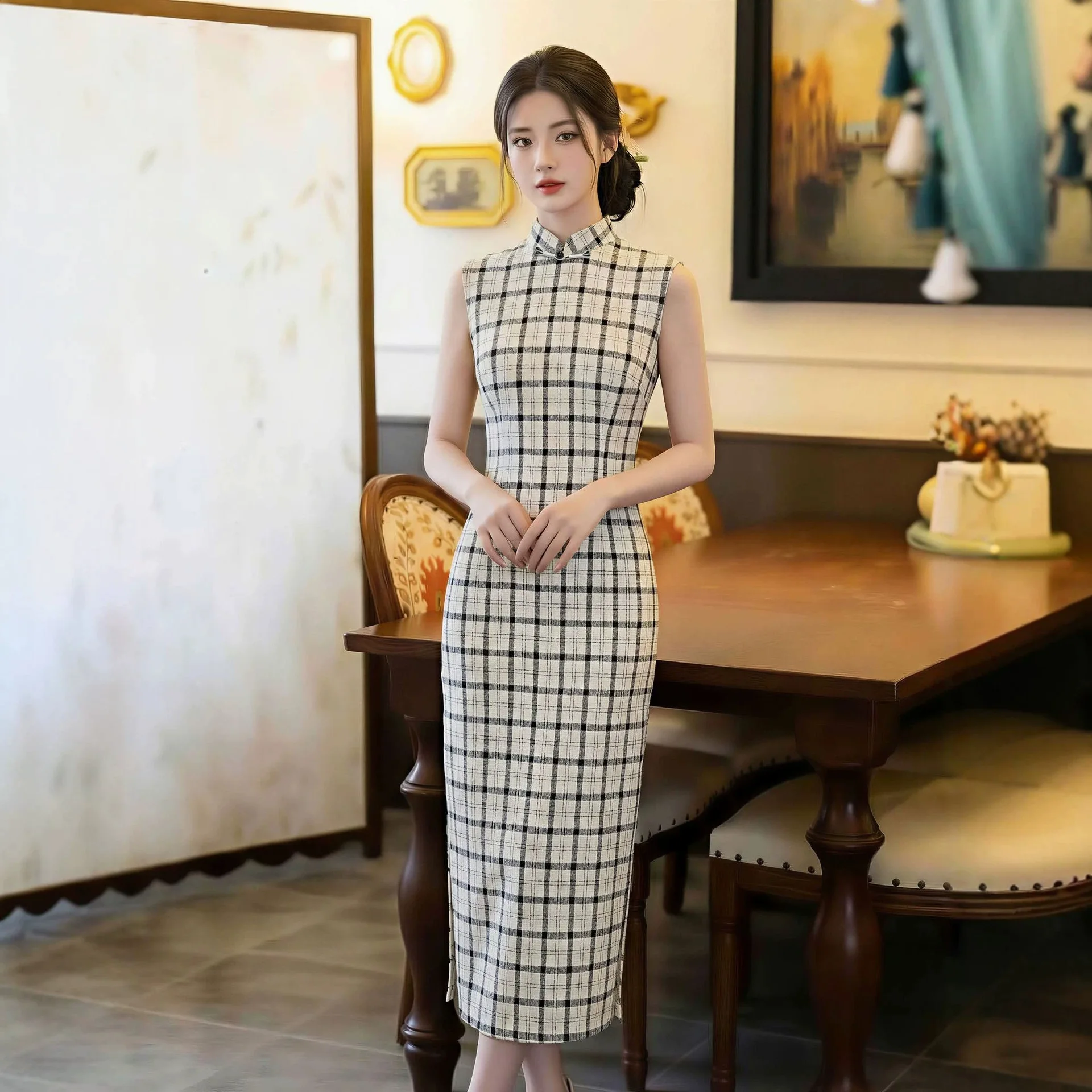 

Women Sexy Sleeveless Cheongsam Summer Plaid Print Chinese Stand Collar Dresses Qipao