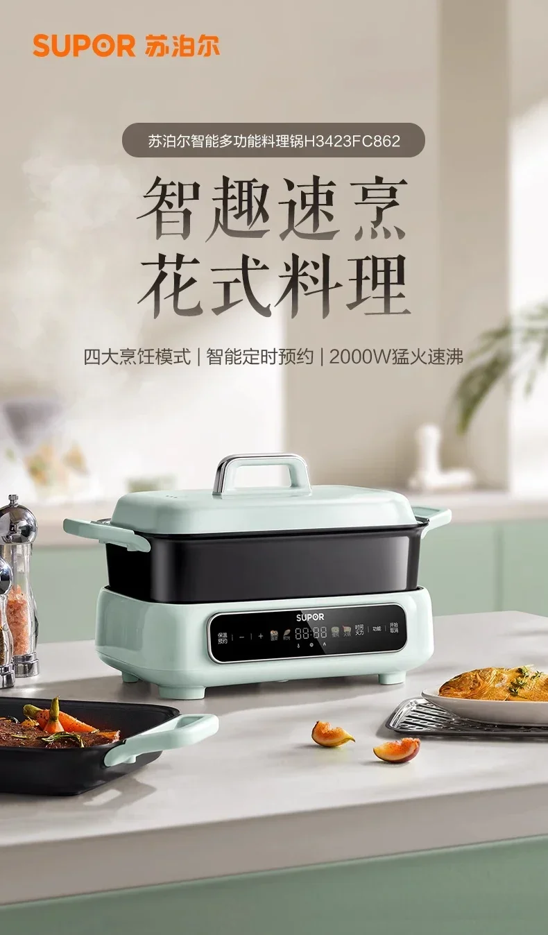 220V Multi Cooker with Grilling and Hot Pot Separation, Intelligent Roasting and Stewing Pot for Fish