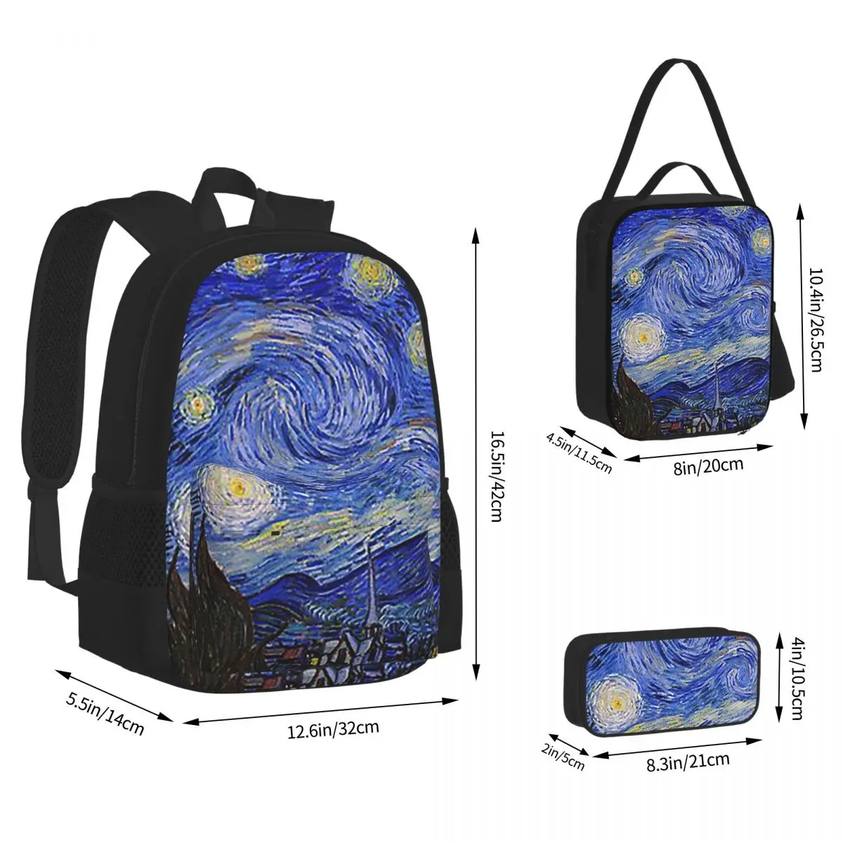 The Starry Night By Vincent Van Gogh Backpacks Bookbag Students School Bags Kids Rucksack Lunch Bag Pen Bag Three-Piece Set