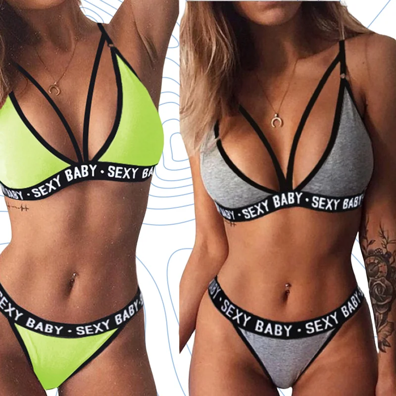 New Sexy Letter Three-Point Suit Women\'s Sports Underwear Set Sexy Skinny Backless Underwear Bikini bra set  lingerie set