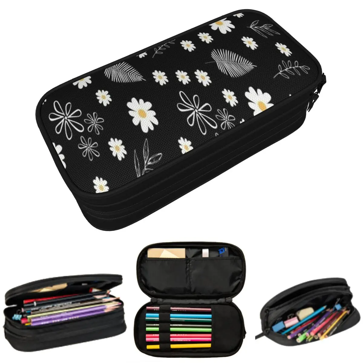 

Cartoon White Daisy And Black Leaves Pattern Pencil Case for Boy Girl Gift Pen Box Pencil Bag Stationery Supplies Pen Holder Bag