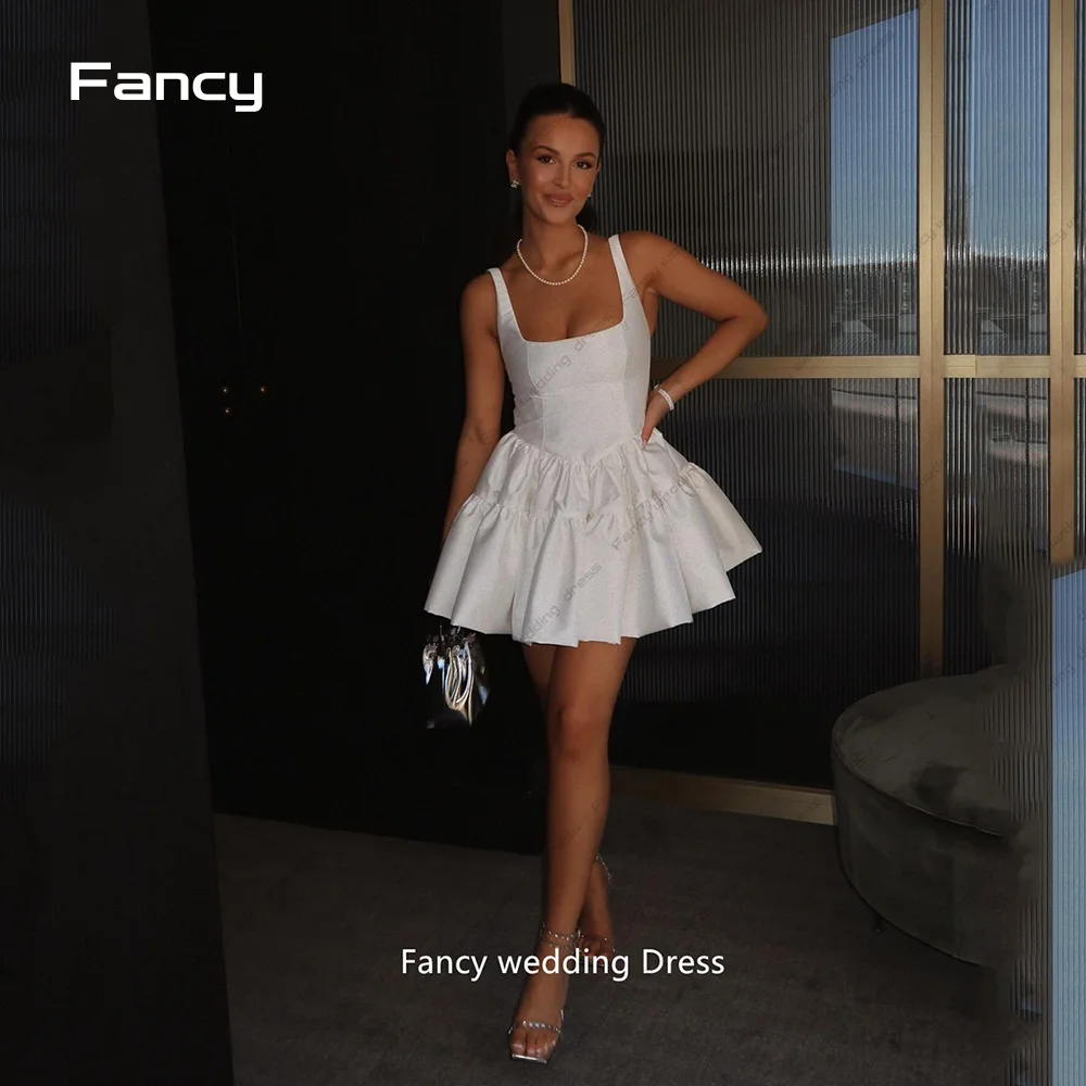 

Fancy Square Neck Ivory Wedding Dresses Sleeveless Spaghetti Straps Mini Prom Gown A Line Cocktail Party Dresses Custom Made