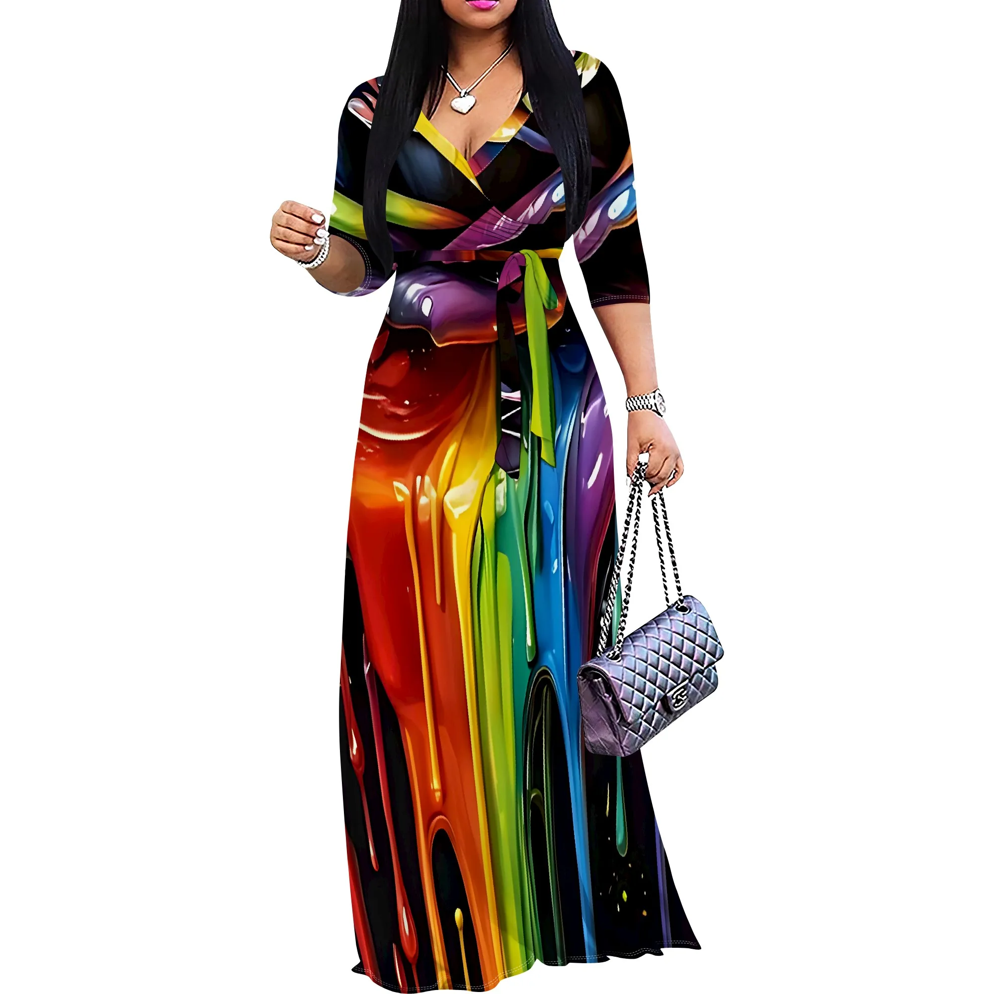 Seksowna sukienka damska z krótkim rękawem i dekoltem w szpic Boho Long Dress Fashion Printed Split Hem Club Party Casual Vacation Maxi Dress