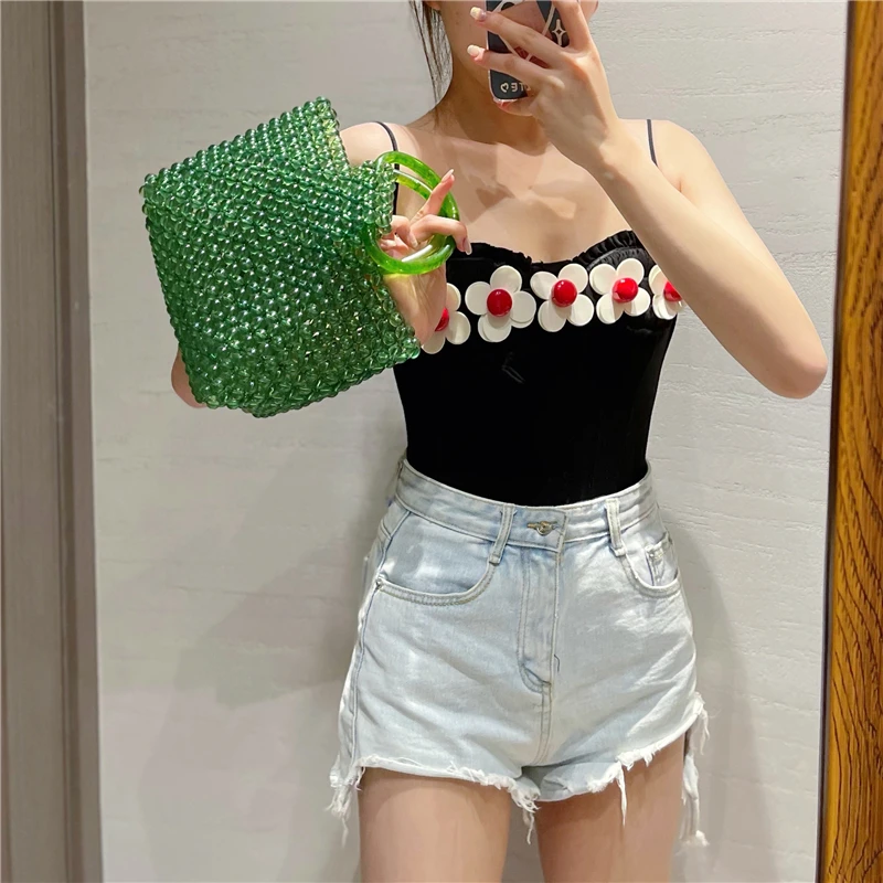 Green Transparent Crystal Bag Women\'s Fashion Retro Simple Handbag Beach Holiday Hand Woven Beaded Bags 2023 New Ladies Clutches