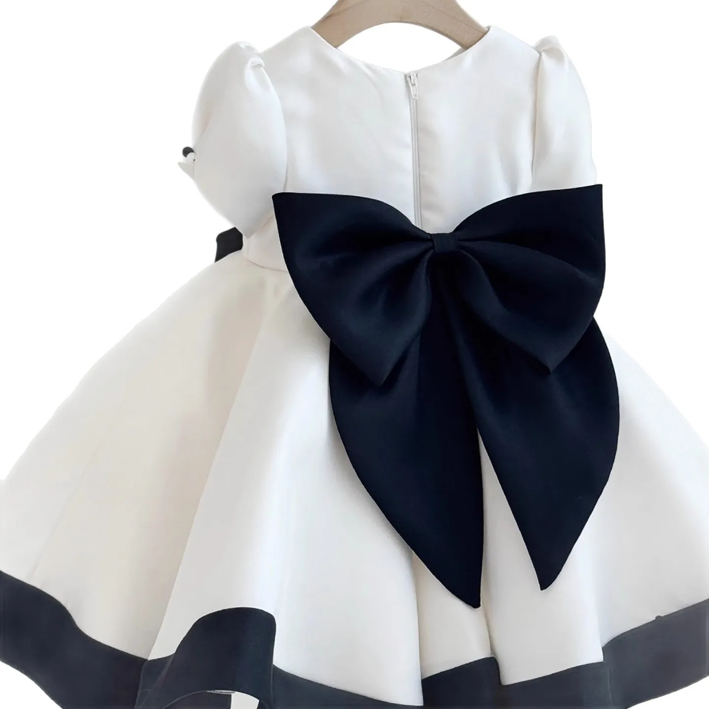 Custom Flower Girl Dress for Wedding First Christmas Party with Short Sleeves Large Back Bow and Contrast Trimmed Satin Skirt