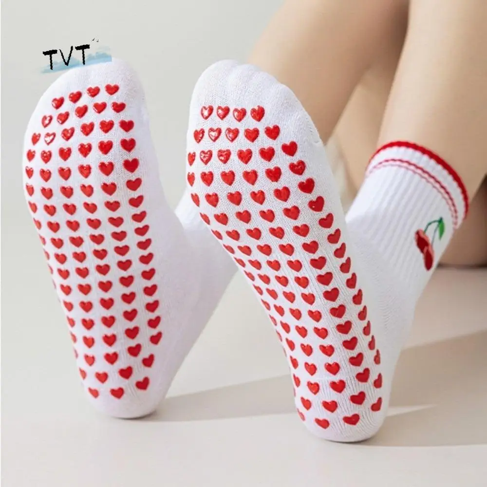 

2pairs Heart Silicone Sock Sole Women Yoga Socks Embroidery Cherry Pattern Pilates Socks Sweet Cotton Non-Slip Socks Indoor