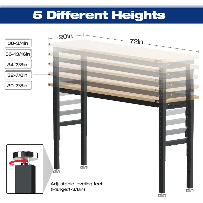 WORKPRO 72" Adjustable Workbench, 3000 LBS Load Capacity Hardwood Garage Workbench with Power Outlets, Rubberwood Top