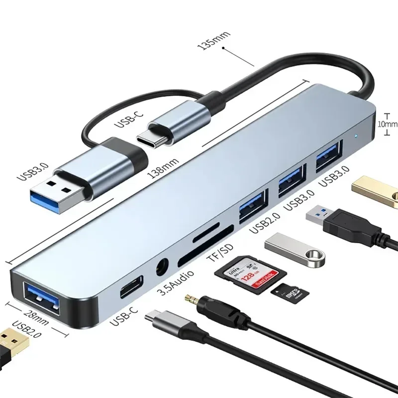 

8 In 2 USB Type-C HUB with Splitter Card Reader USB 3.0 USB 2.0 SD/TF Splitter Card Reader Docking Station for HUAWEI Xiaomi PC