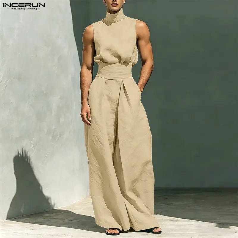 INCERUN Herren-Sets Einfarbige Rollkragen-Ärmellose Westen Hosen 2-teilige Sets Streetwear Locker 2026 Mode Herren Passende Sets