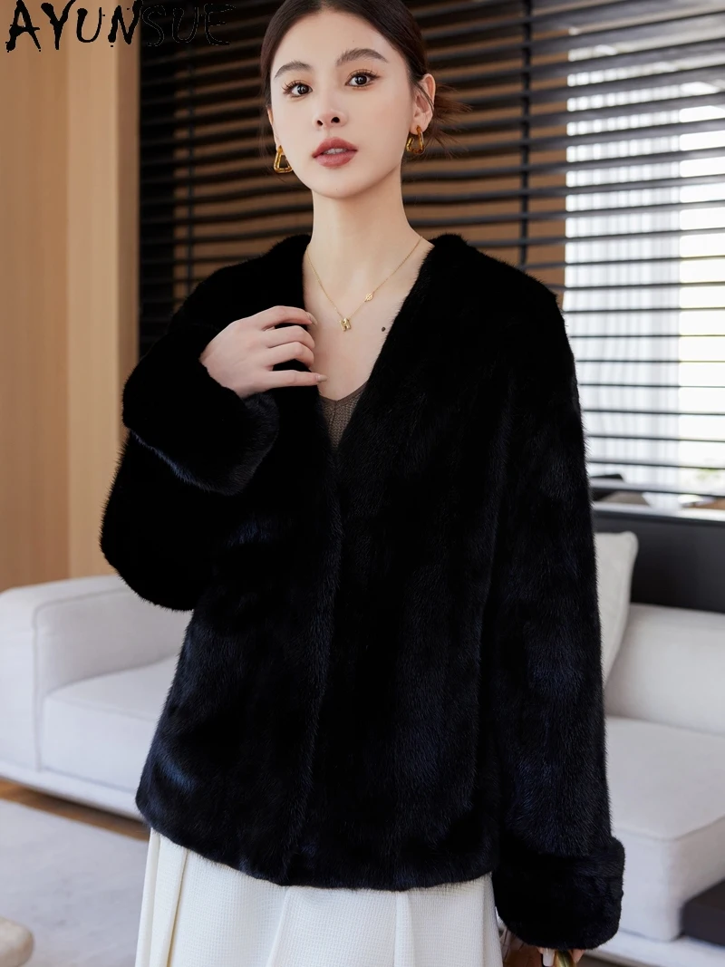 AYUNSUE 天然ミンクの毛皮のジャケット女性 V ネック高級毛皮のジャケット女性の服高品質の新しいアウターウェア Кофта С Мехом
