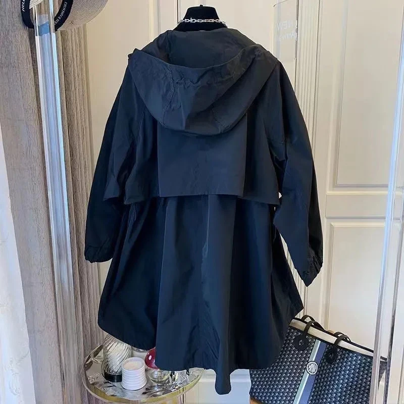 韓国女性フード付きウインドブレーカージャケット春と秋ルーズフィットダブルポケットコートレディースファッションレジャー新しいアウター