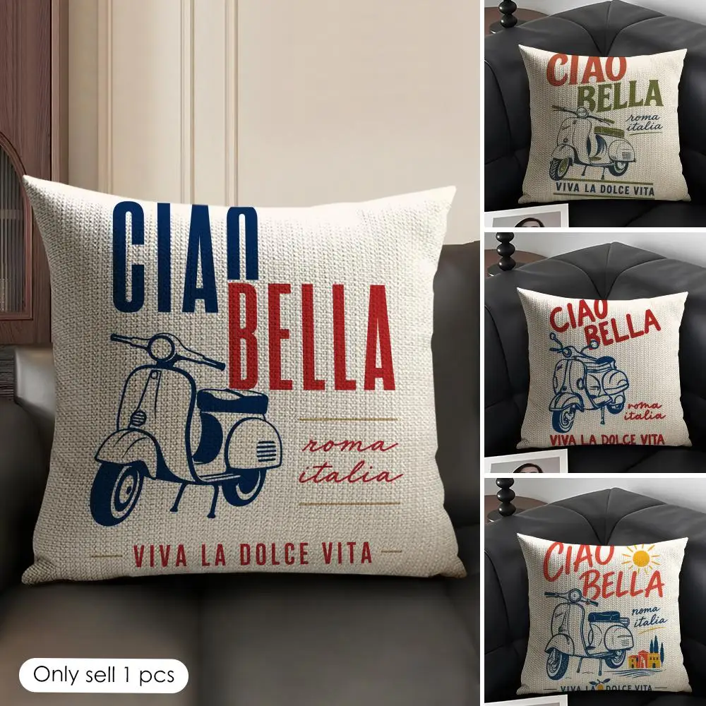 Ciao Bella Roma Italia Cushion Cover Linen Organic Fabric Double-Sided Printing Sofa Breathable Home Decor Gift Pillow Case