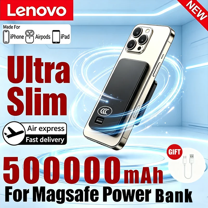 Lenovo 500000mAh Magnetic Wireless Magsafe Power Bank PD 22.5W Fast Charging Portable External Battery For iPhone Series Phones