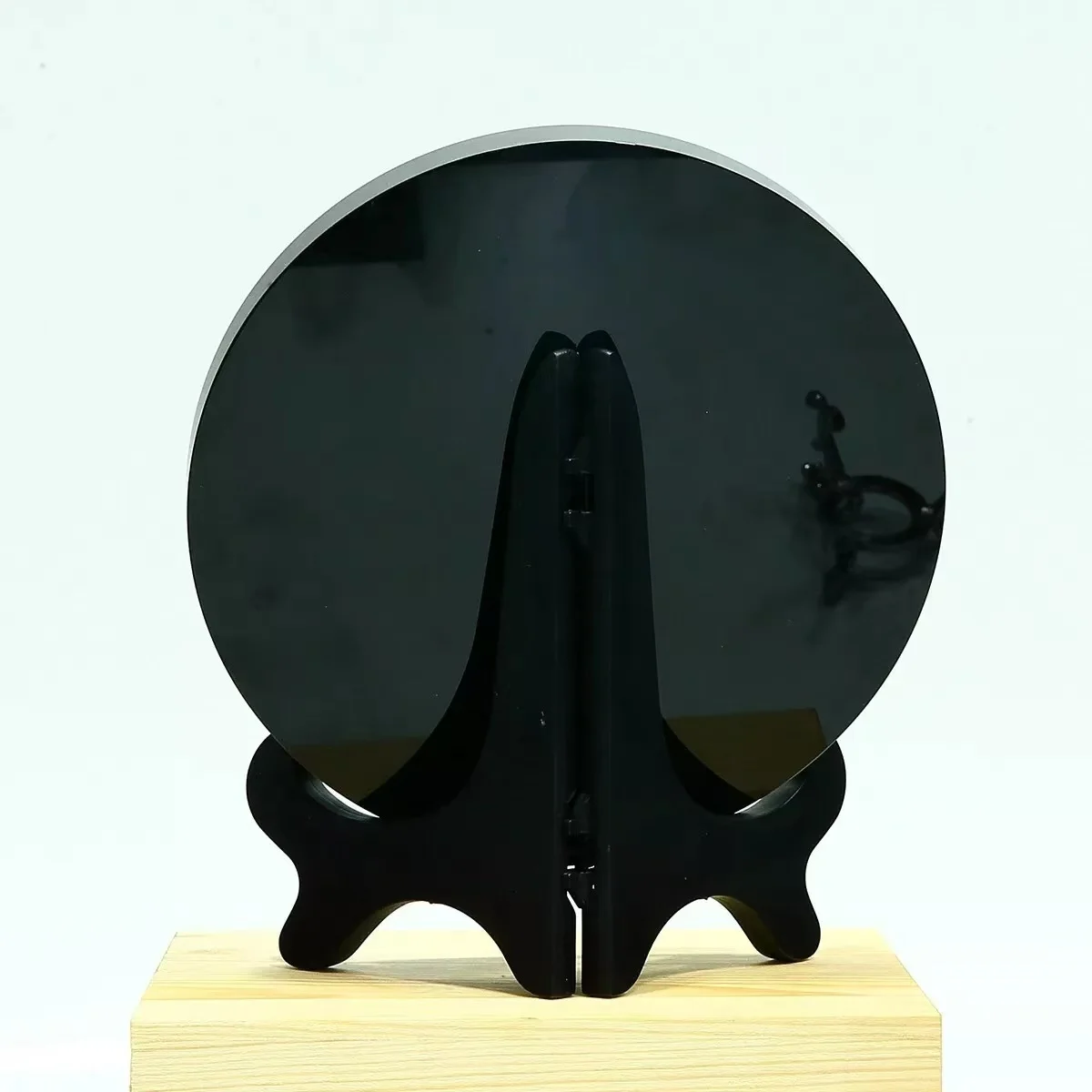 10CM  Natural Obsidian Crystal Decoration With Shelf Divination Mirror Healing Crystal Round Plate Witchcraft Mirror