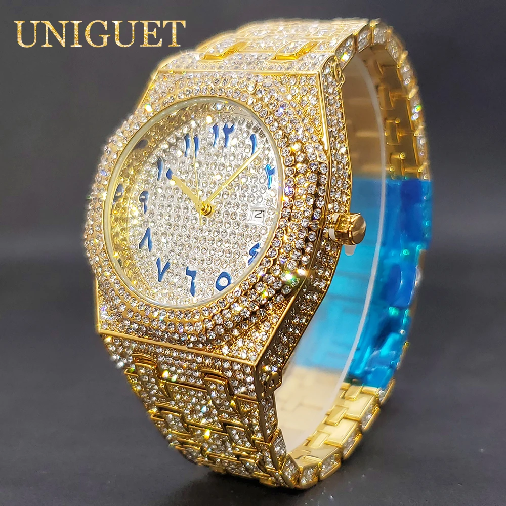 Gold Watch For Men Full Diamond Hip Hop Iced Out Men's Watches Blue Number Calendar Waterproof Octagonal Luxury Wristwatches