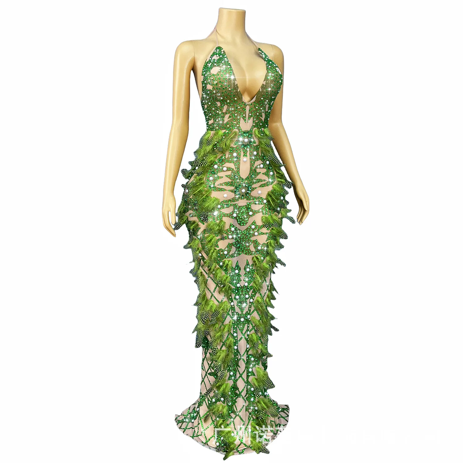 Original Personality Design Deep V Suspender Sexy Halter Feather Peacock Dress Drag Party Model Walk Show Engagement Gala Dress