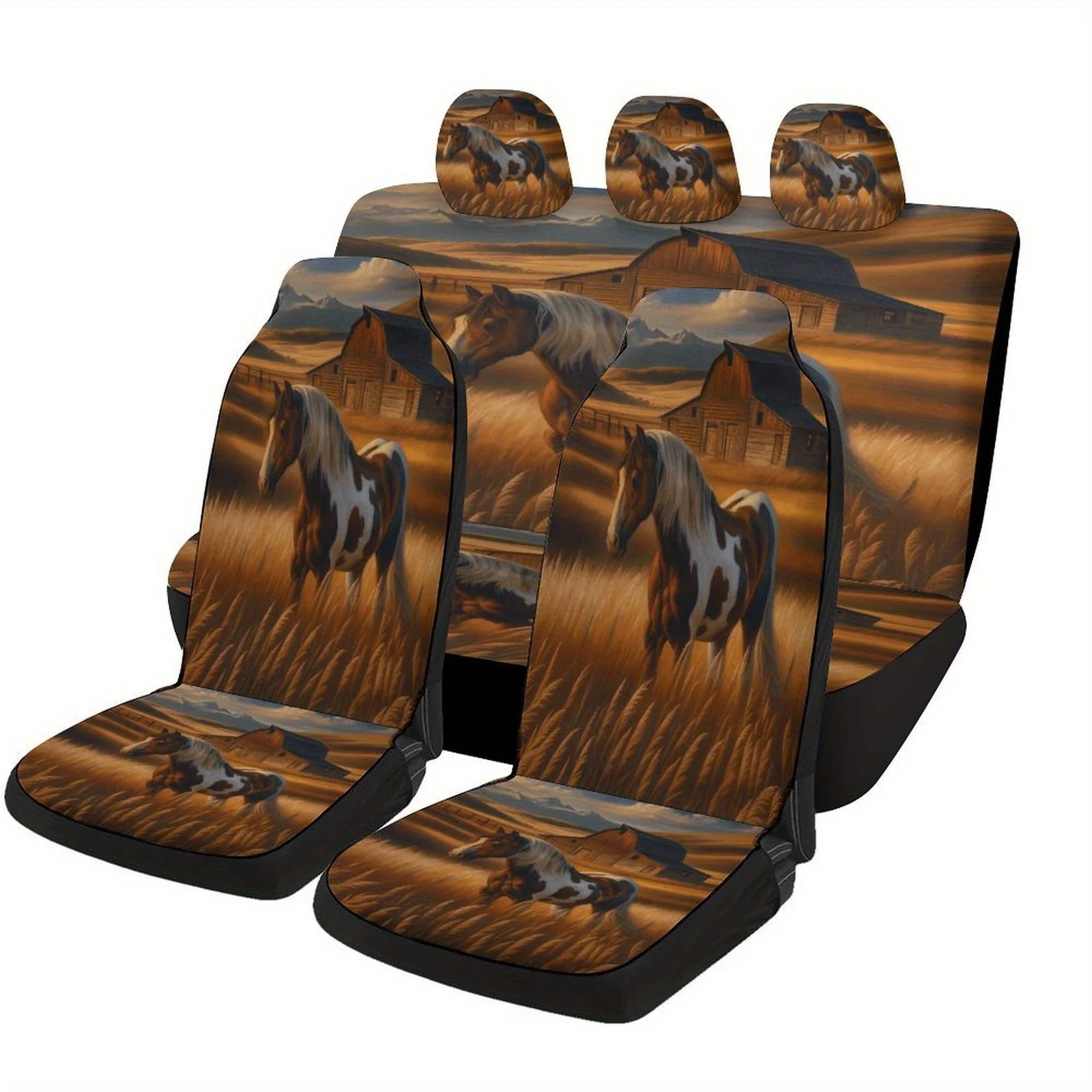 Horse Barn Field Designed Car Seat Covers Set For Most Cars, Trendy Novelty Decorative Car Seat Protector Covers Full Set, Car