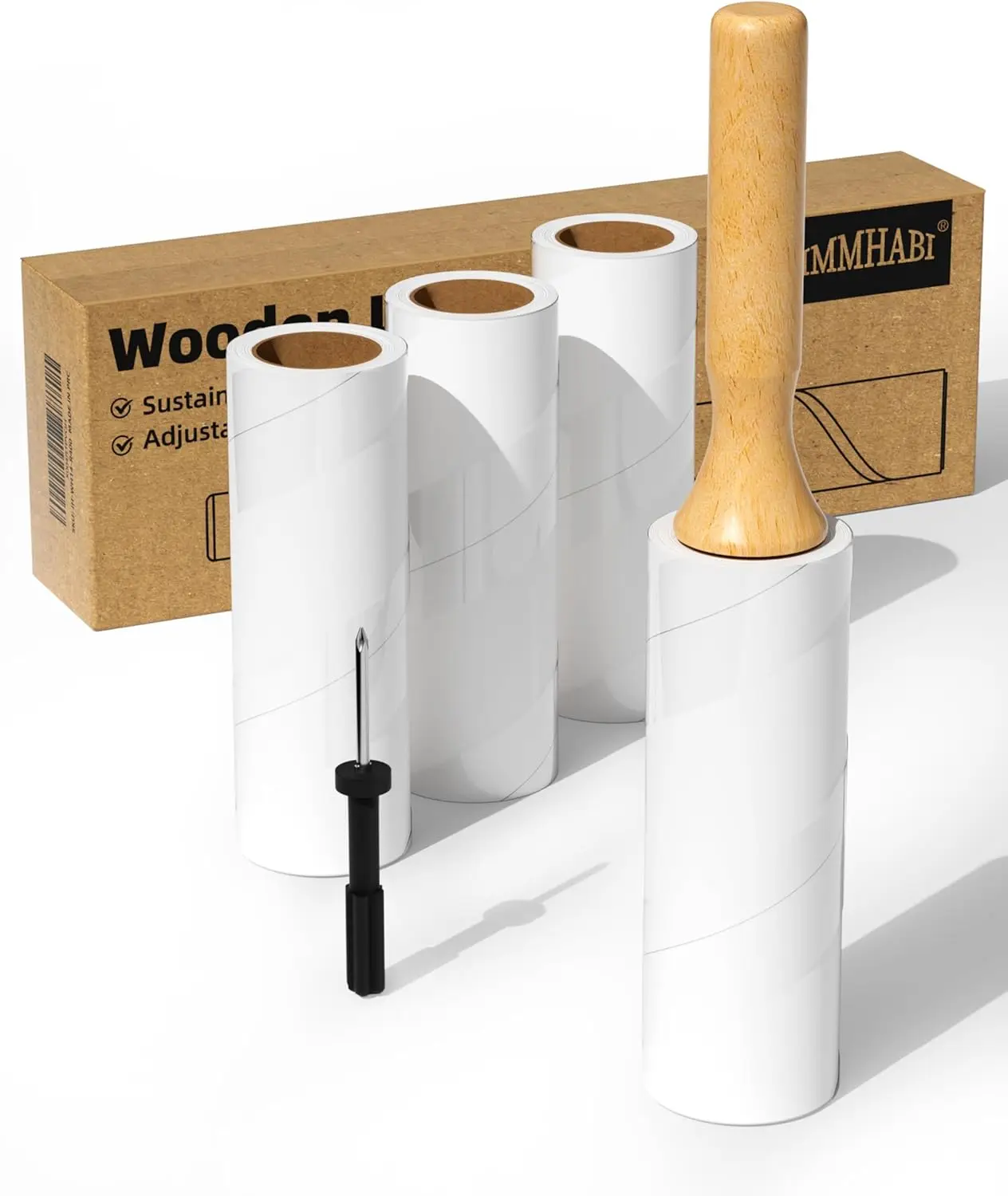 

Валик для удаления ворса с деревянной ручкой, 6,3-дюймовые сменные блоки, 4 рулона по 100 листов, регулируемый очиститель от шерсти животных для мебели и одежды