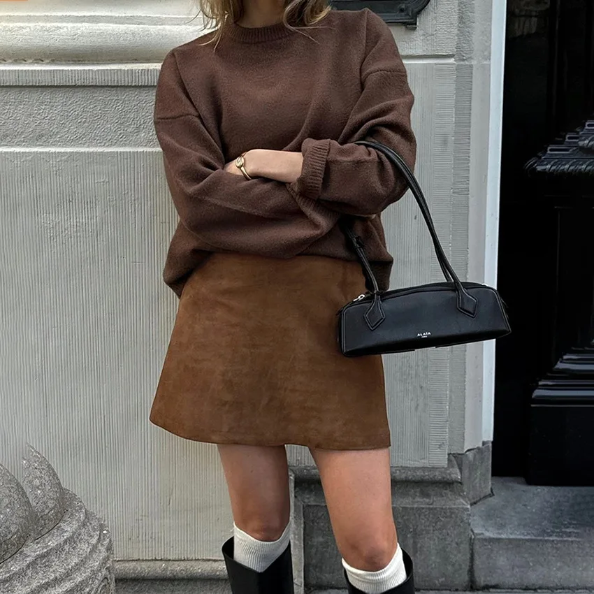 European and American retro slim-fitting suede versatile skirt 2025 spring and summer new brown high-waisted short skirt women