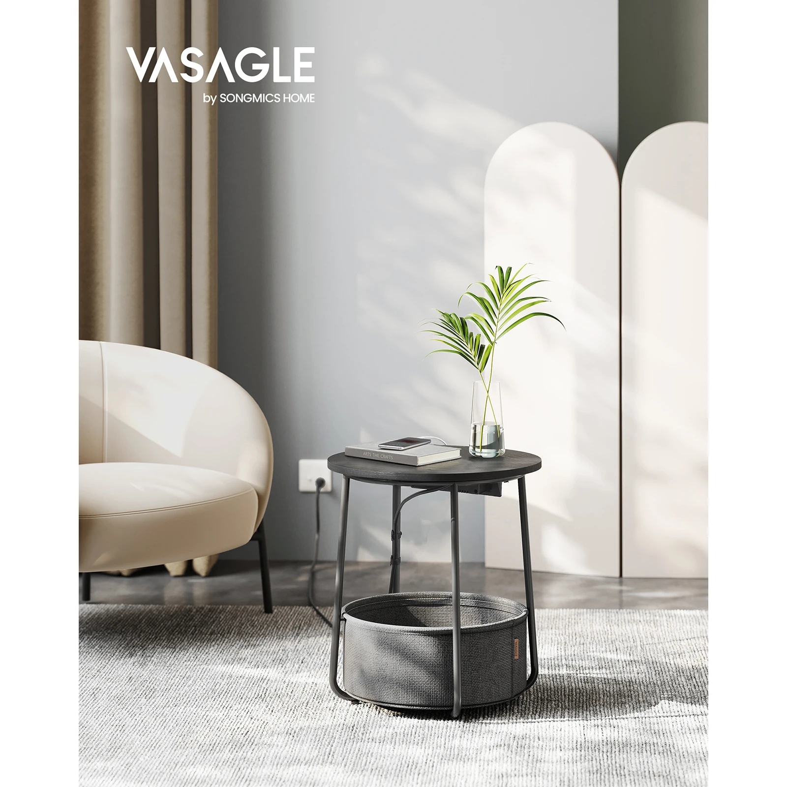 VASAGLE Round End Table: Power outlets, fabric basket, Ideal for living room/bedroom. Modern style in ebony black & slate gray.