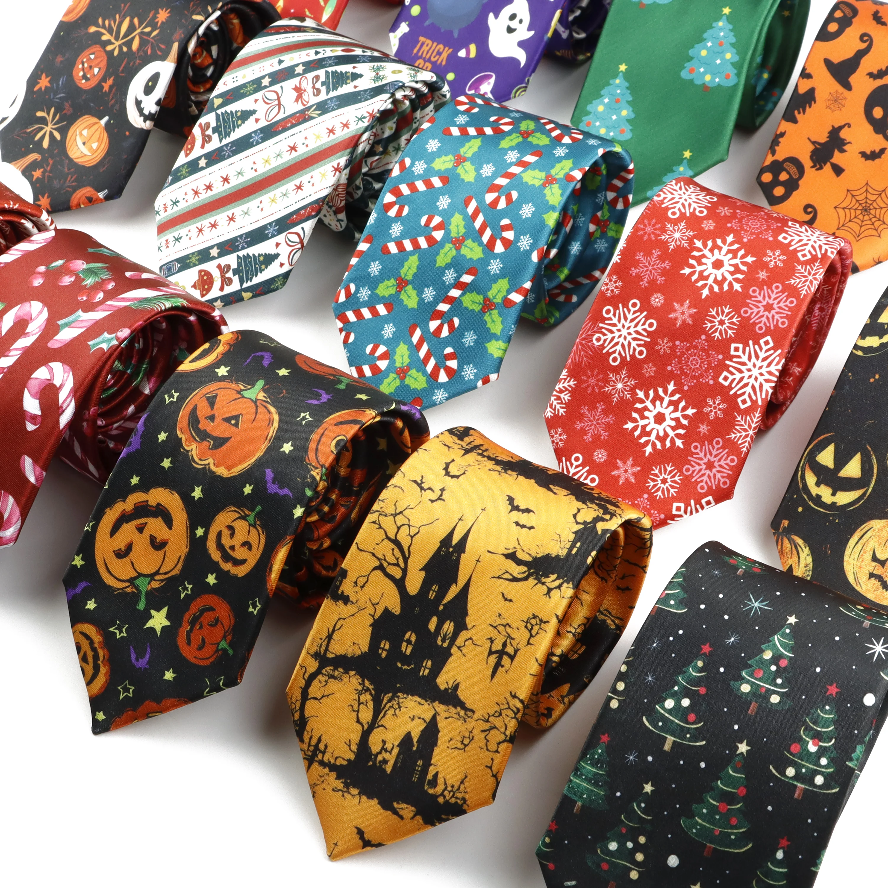 Halloween Christmas Tie For Men Women Orange Pumpkin Skull Elk Snowflake Pattern Necktie Festival Theme Party Suit Shirt Cravat