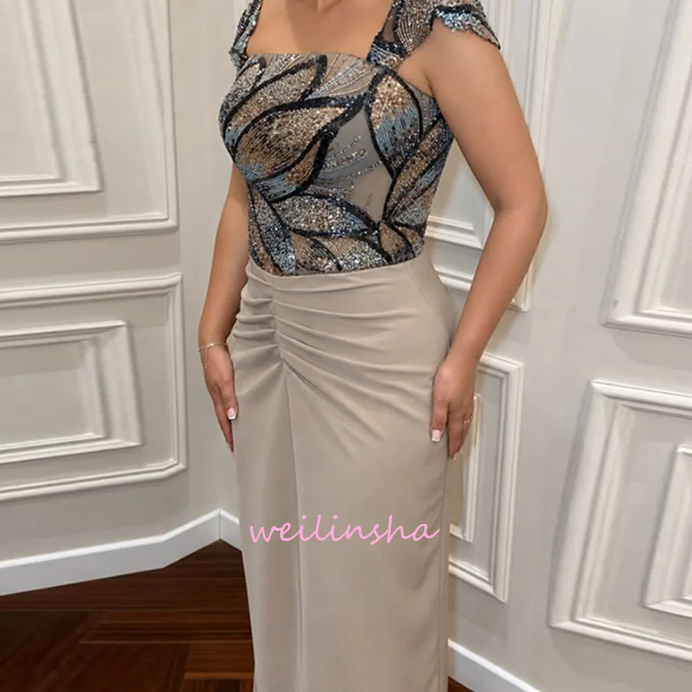 Customized Champagne Square Neck Sleeveless Sequin Panel Ruched Mermaid Evening Gowns Floor-Length Mother of Bride Dresses