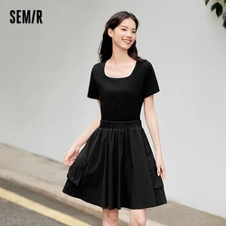 Semir Dress Women Faux Two-Piece Design Versatile 2024 Summer New Square Collar Slim Fit gonna corta adatta per Petite