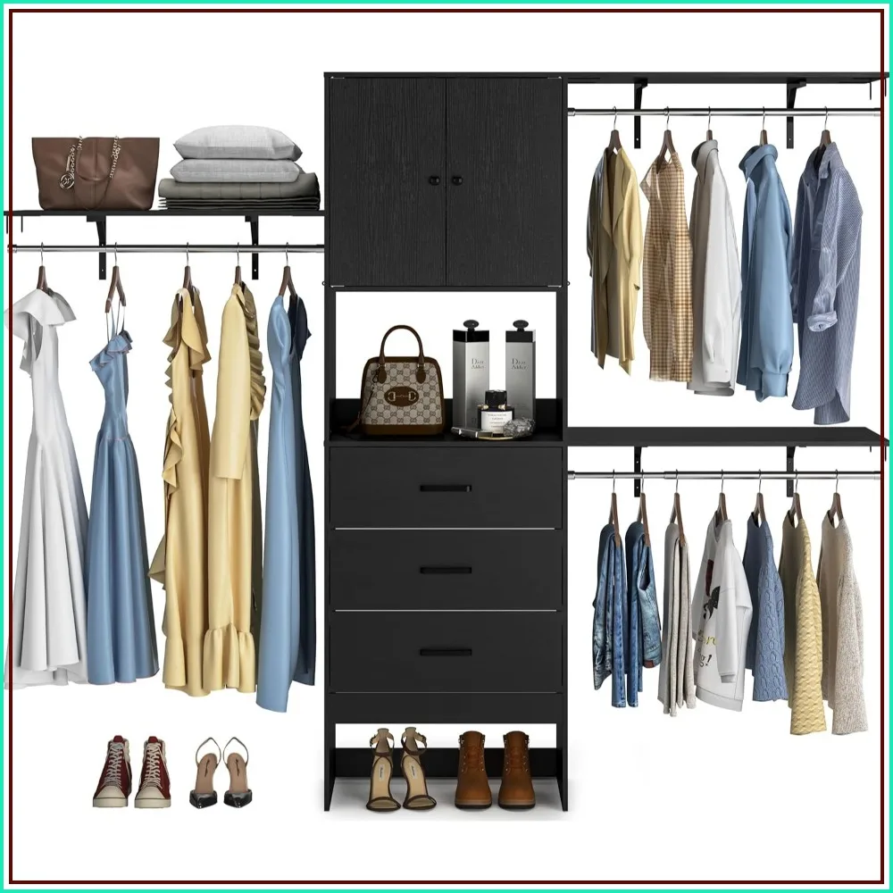 96 Inches, 8FT, 3 Shelving Towers, 3 Wood Drawers Wood Closet System