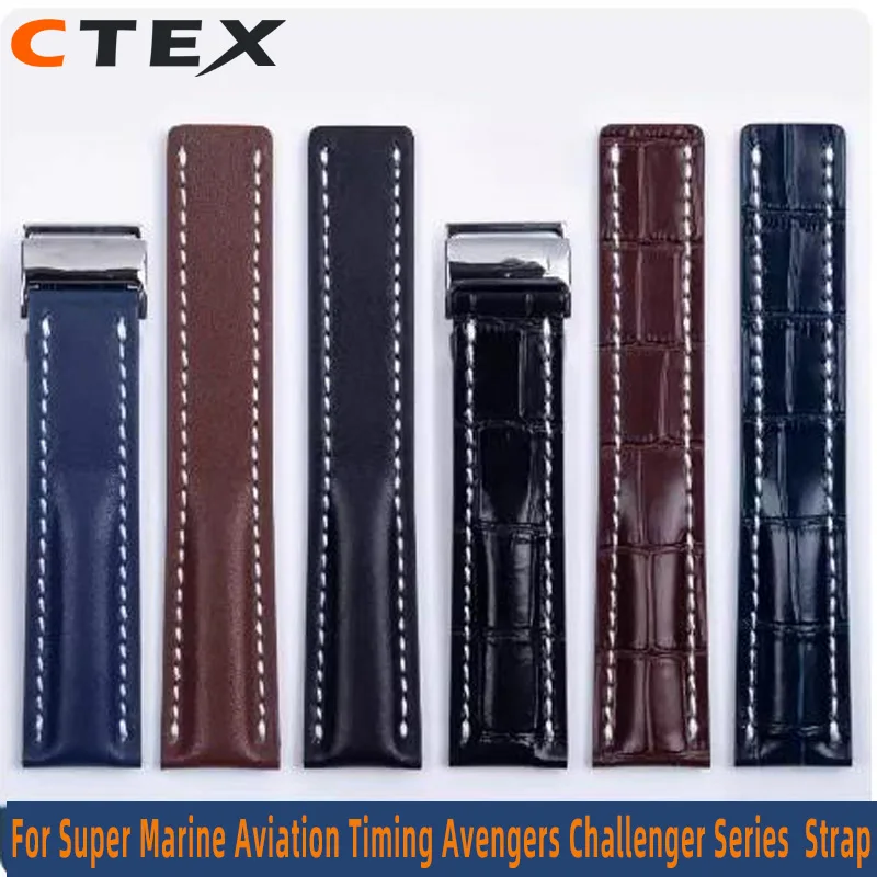 22mm 24mm Genuine Leather Watch Strap for Breitling Cowhide Bracelet Black Blue Brown Watch Band Silver Metal Buckle Replacement