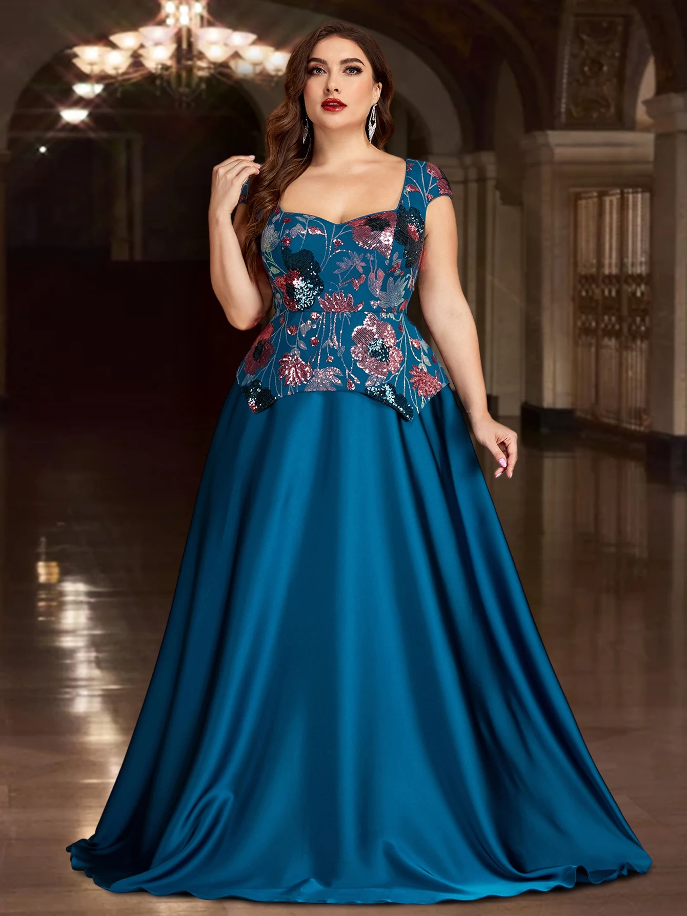 Plus Size Elegant Sequins Square Collar Evening Dress For Women Satin Prom Party Dress Floor Length Blue Formal Gowns
