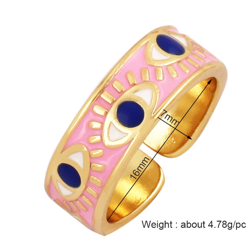 New Colorful Enamel Coated Zircon Finger Ring,Unique Eye Brass 18K Gold Plated Open Adjustable Rings Jewelry Findings Supply P34