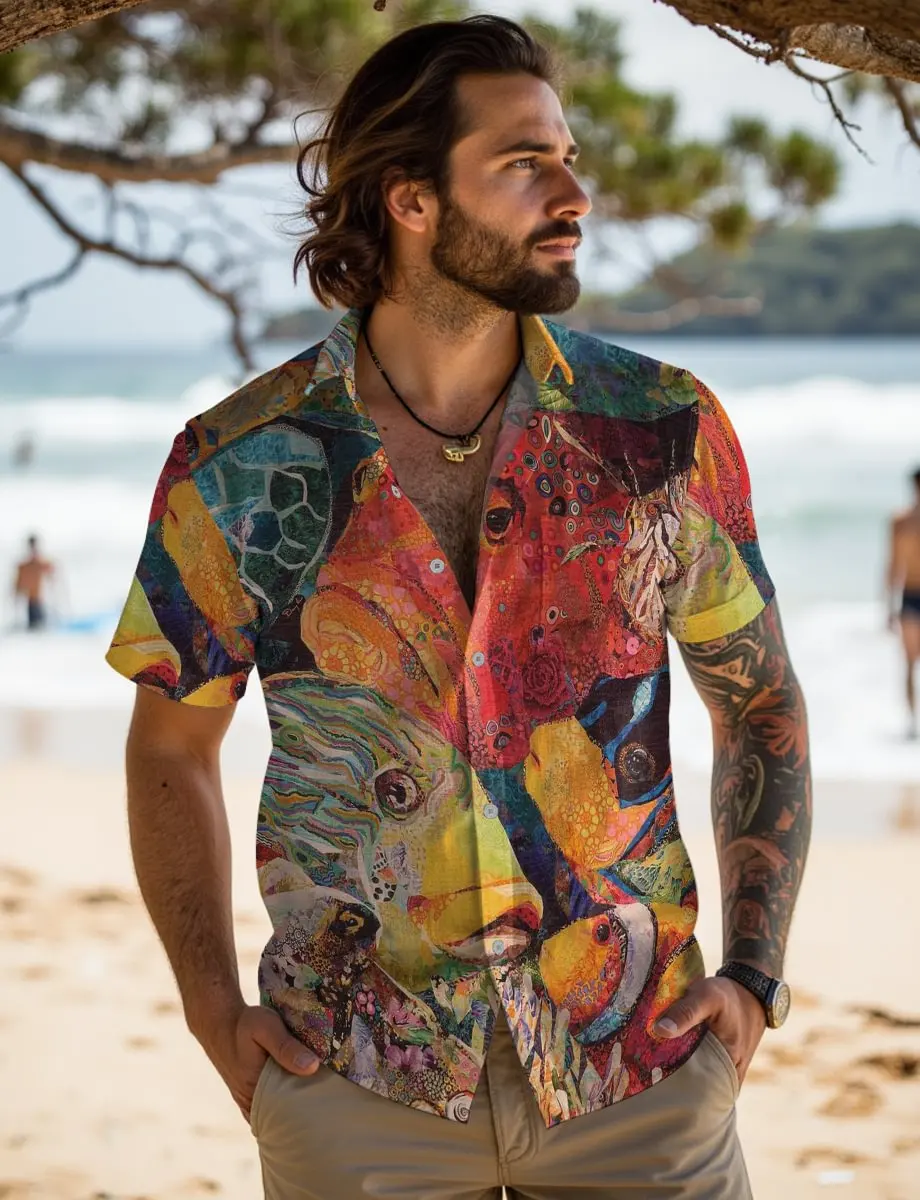 

2025 summer new linen short sleeved shirt for men, loose and casual linen short sleeved shirt, high-end marine organism small fi