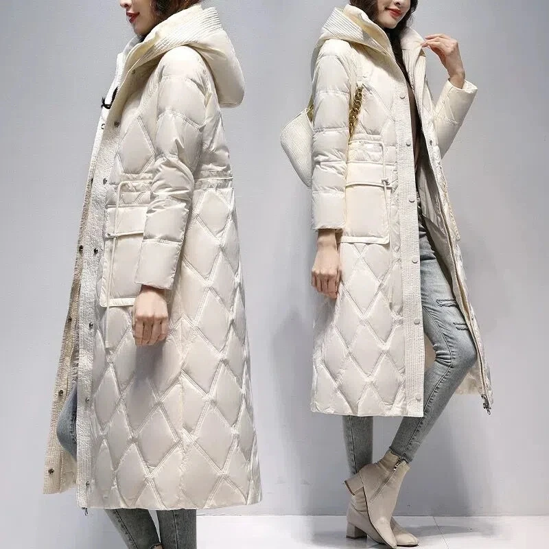 High-end Fashion Down Jacket Women Winter 2022 New Korean Slim White Duck Down Coat Female Large size Thick Long Hooded Parkas