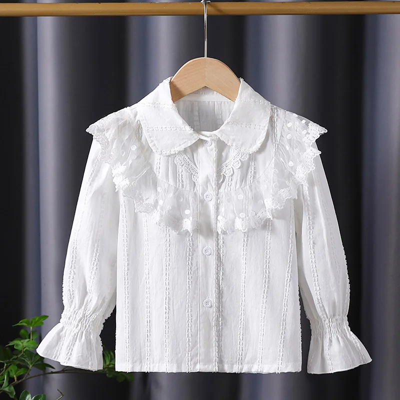 

Girls long-sleeved shirt Spring and Autumn 2025 new children's cotton doll collar white top children's cardigan shirt