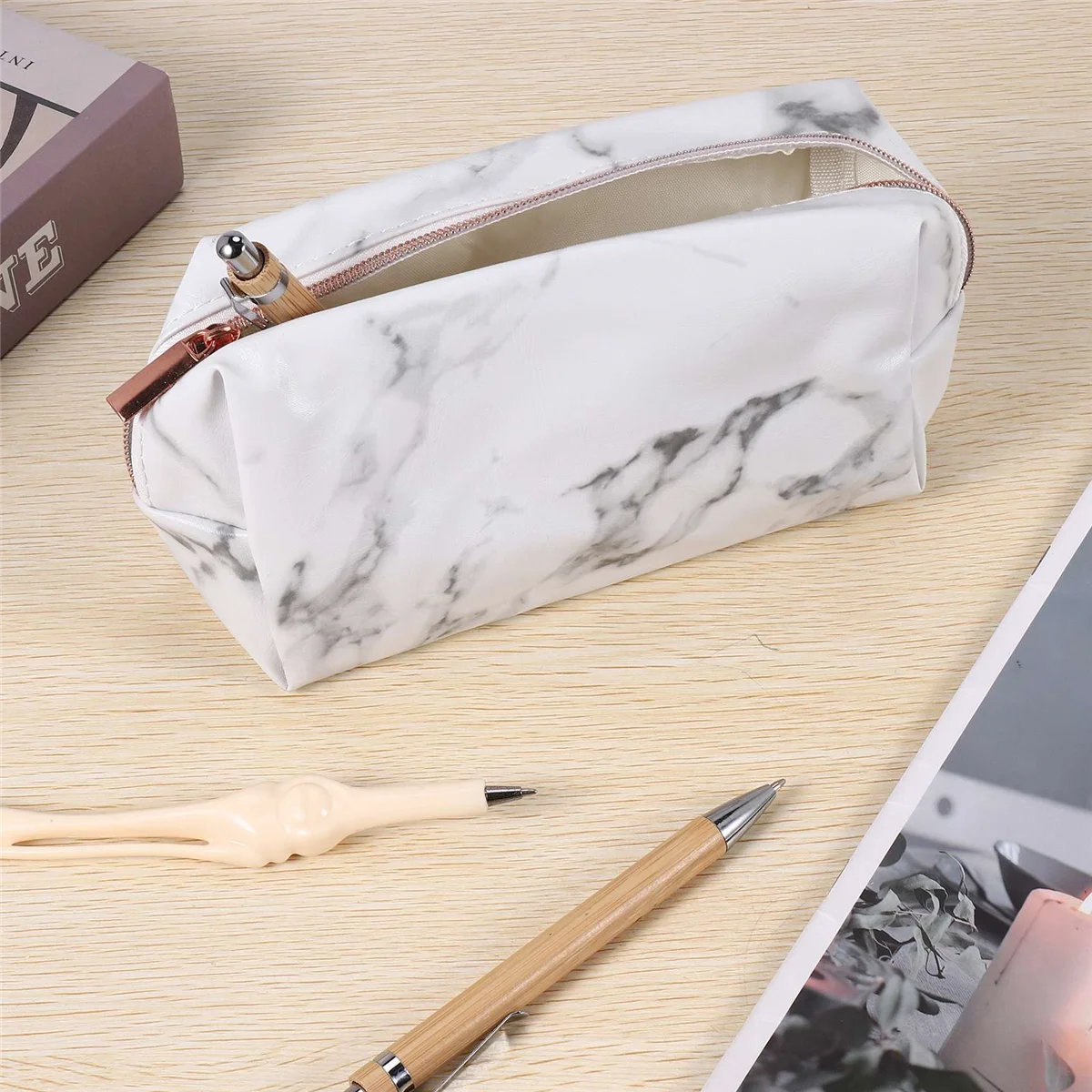 White Marble PU Stationery Pencil Case Pouch Makeup Bag with Rose Gold Zip for Girls Woman's Teenagers