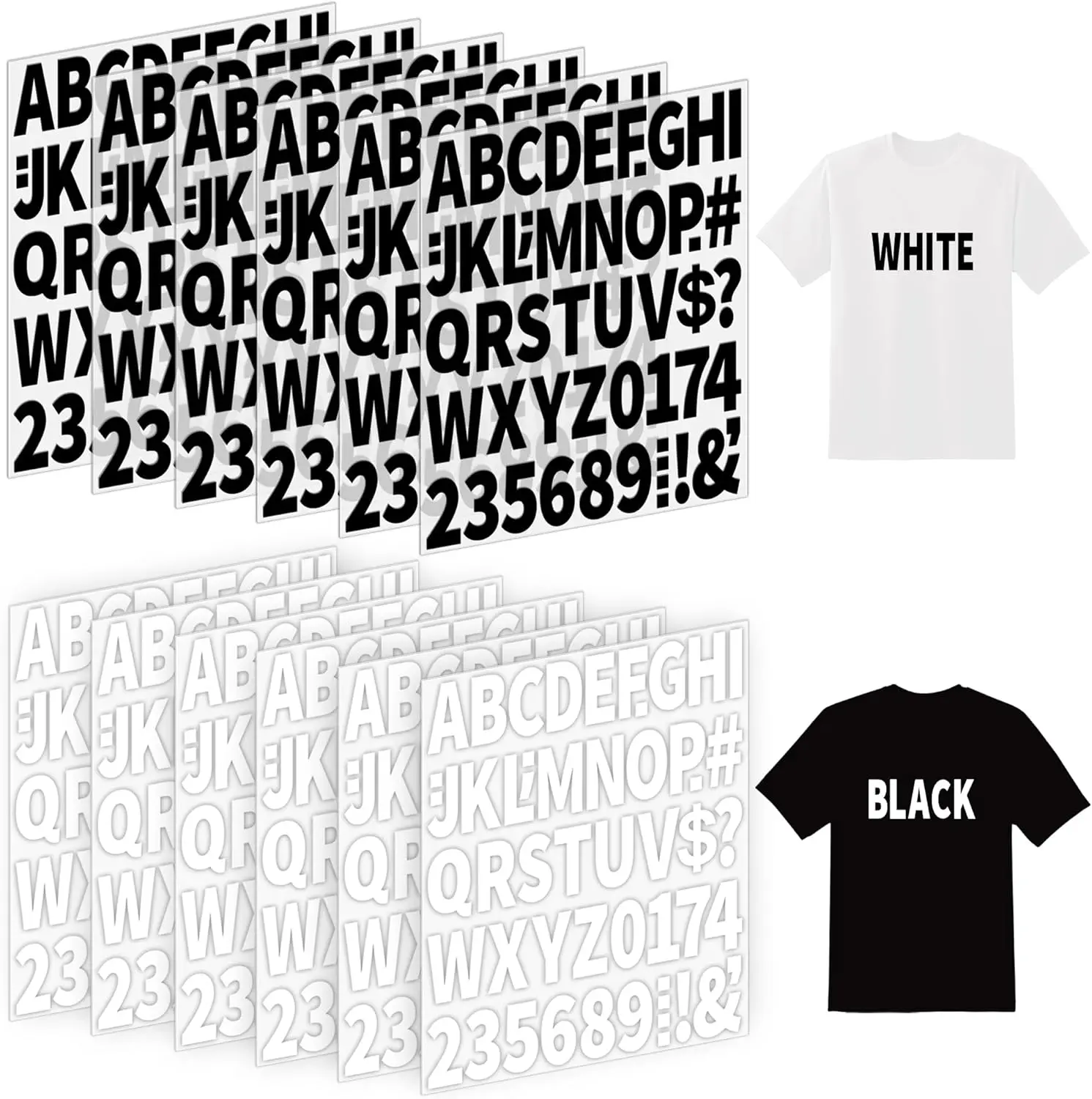 12 Hojas de Vinilo Termoadhesivo de 2 Pulgadas en Blanco y Negro con Letras, Números y Símbolos para Manualidades Infantiles, Camisetas y Ropa