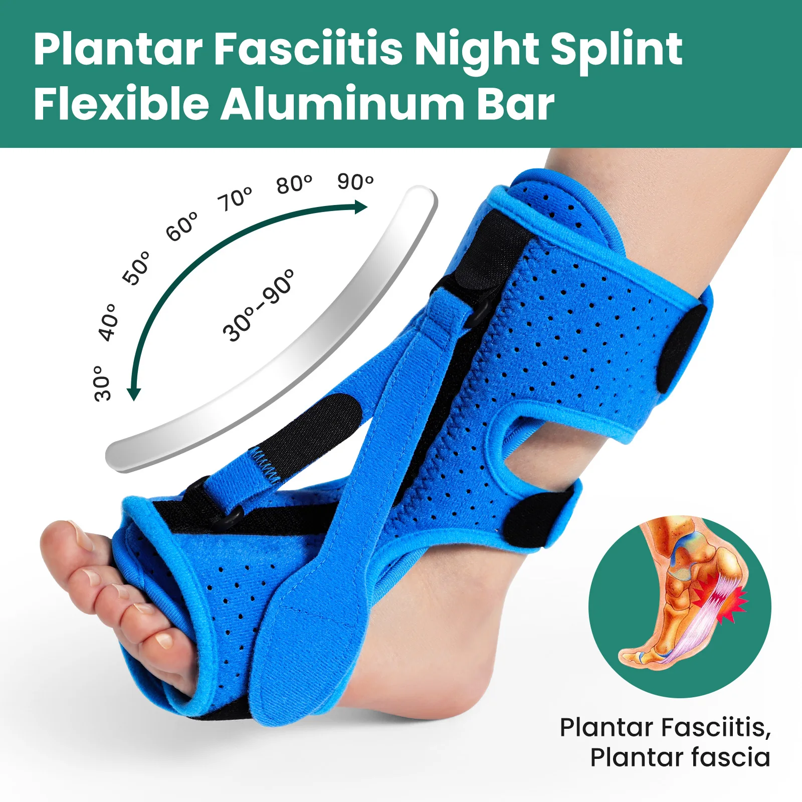 Tutore per caviglia regolabile blu Fascite plantare Stecca notturna Tutore per piede cadente Fascite plantare Piede per arco Supporto per tendine di Achille