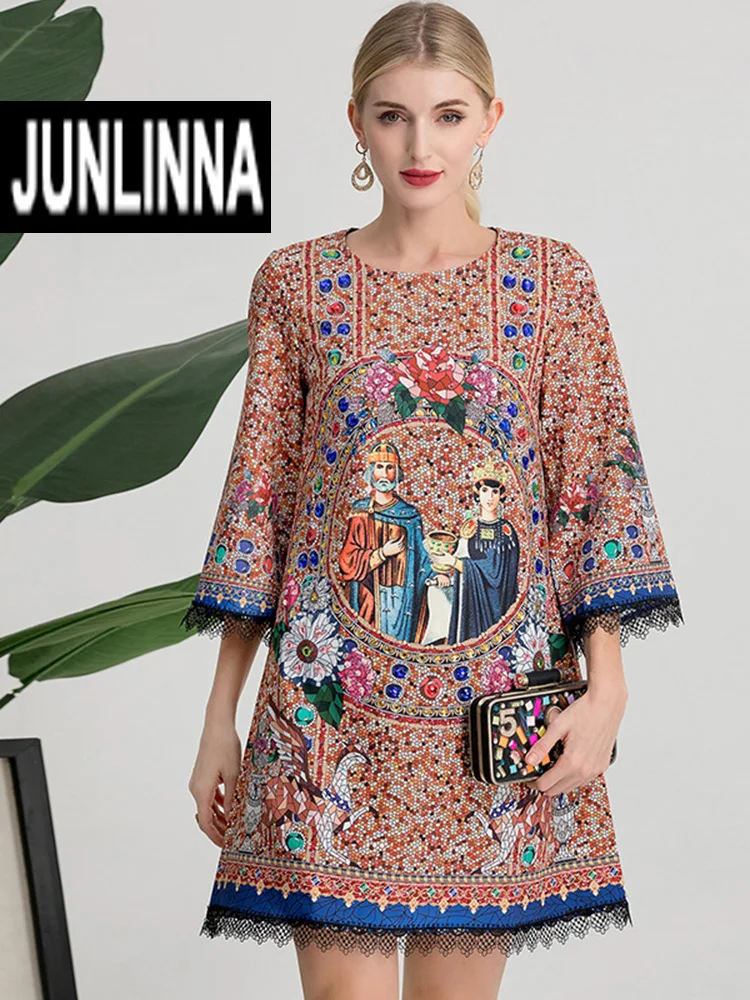 

JUNLINNA Autumn Loose Vintage Dress Women Three Quarter Sleeves Beading Retro Printed Runway Party Mini Expansion Vestidos