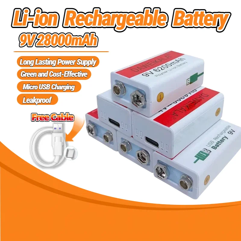 

9V 28000mAh Li-ion Rechargeable Battery Type-C, for Multimeter, Microphone, Toy, KTV, Long Lasting Power Supply