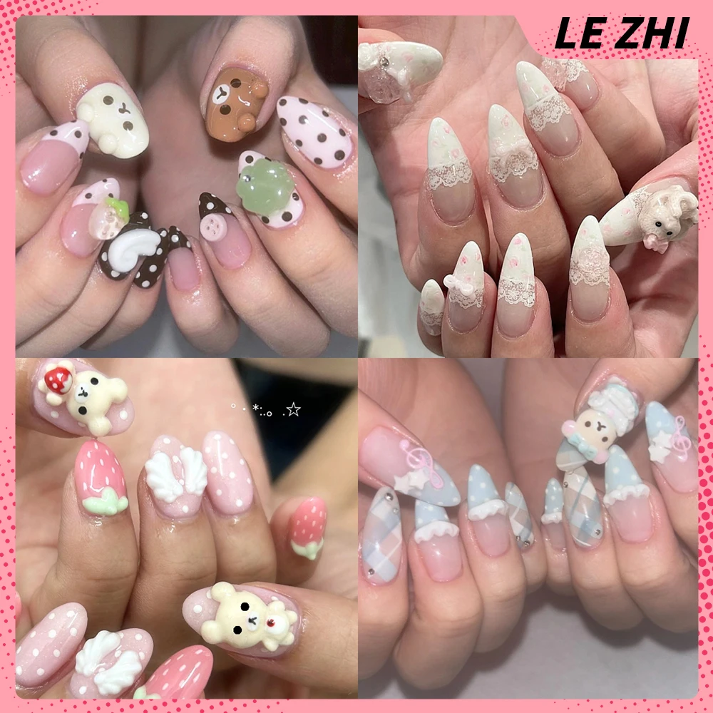 

10Pcs Cute Cartoon Rilakkuma Cat Handmade Almond Press On Nail Strawberry Wings Polka Point Hand-Drawn French Lace Bow Fake Nail