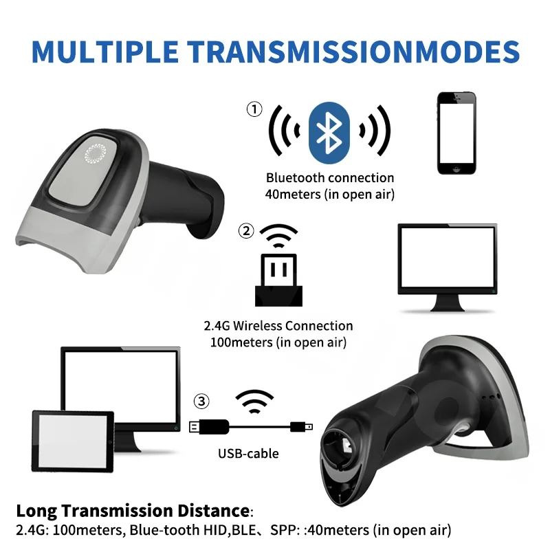 QR Bluetooth Barcode Scanner Wireless & Wired USB Scanner 1D/2D COMS Scan Plug & Play No Need Driver Scanner