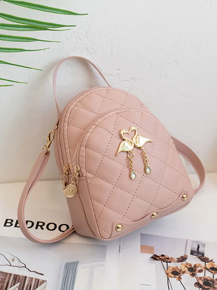 Rhombus Student Double-layer Backpack Women Fashion Swan Tassel Pendant Mini Backpack