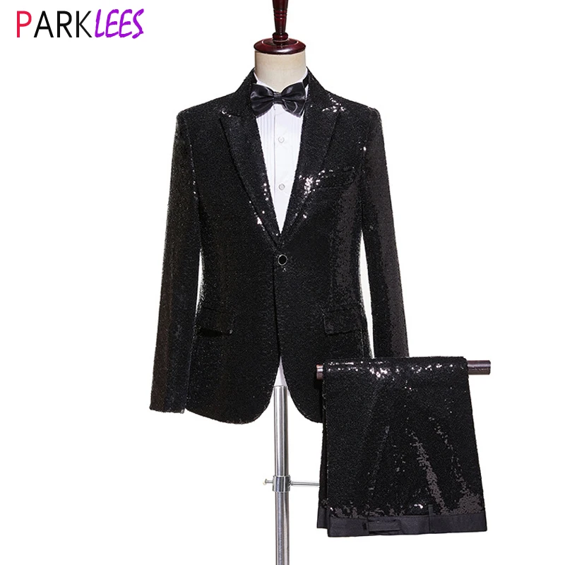 Shiny Black Sequins Mens Jacket Pants Set 2pcs Suits for Men Wedding Groom Stage Prom Sparkling Costume Homme Pour Mariage