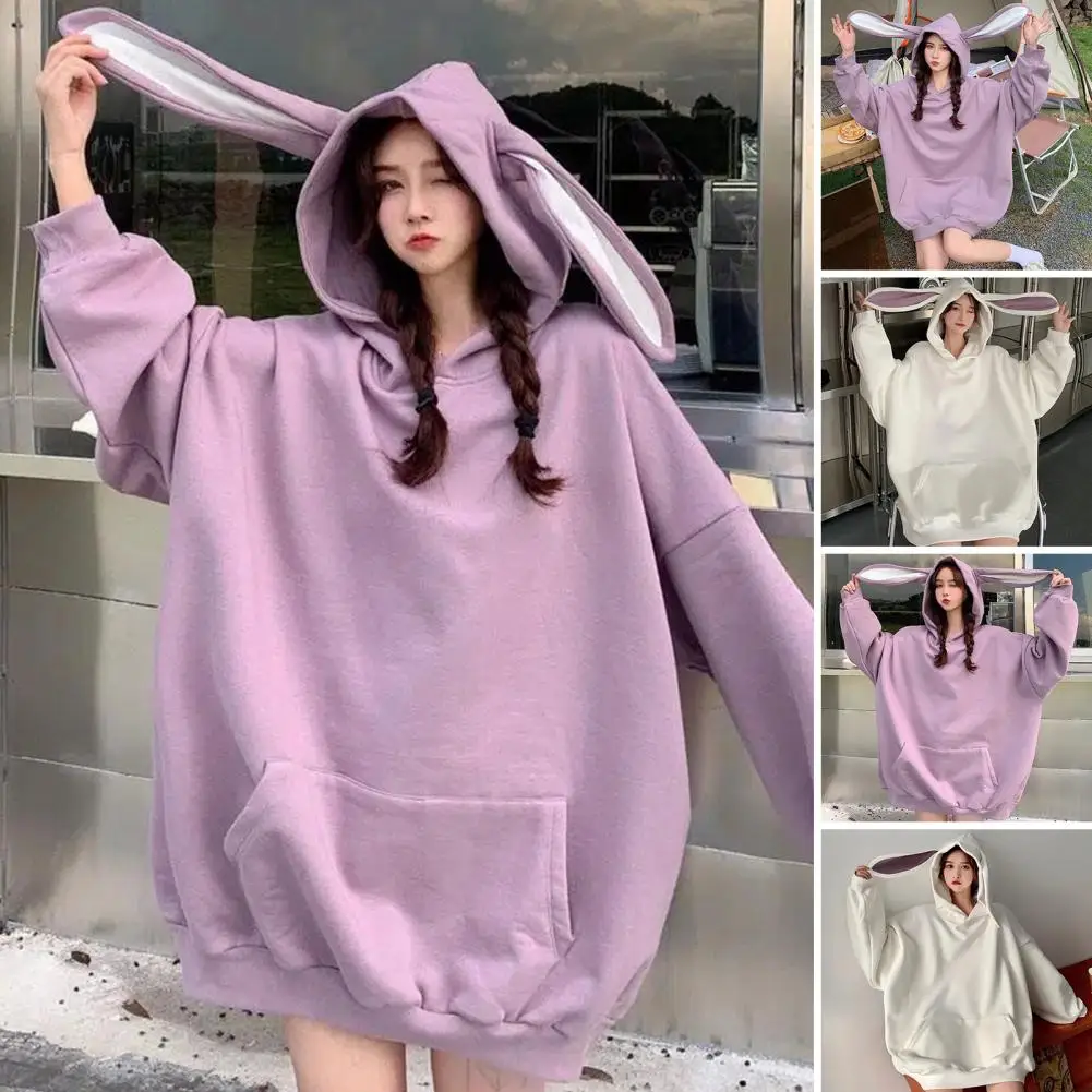 

1Pc Women Hooded Top with Elastic Cuffs Bunny Ear Hooded Top Cozy Bunny Ear Hoodie Oversized Women Warm Pullover for Fall Winter