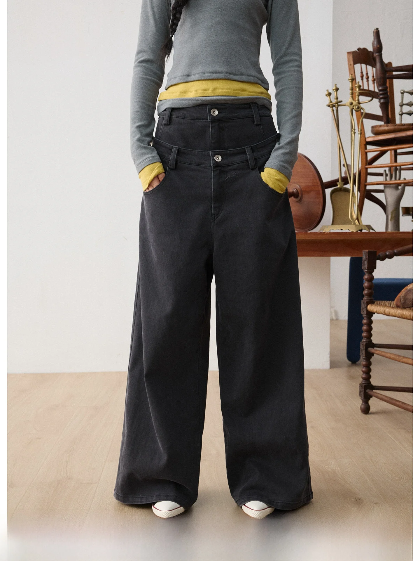 

JIKOO женские оригинальные дизайнерские винтажные прямые джинсы с двойной талией, джинсовые длинные брюки с завязками, повседневные свободные синие брюки