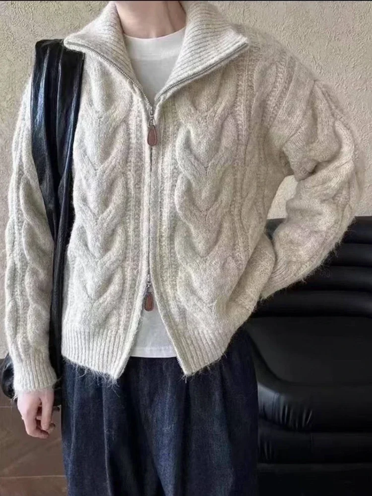 

Women Autumn Winter New Lazy Style Loose Knitted Cardigan Retro Solid Color Double Zipper Turn-down Collar Sweater New Women Top