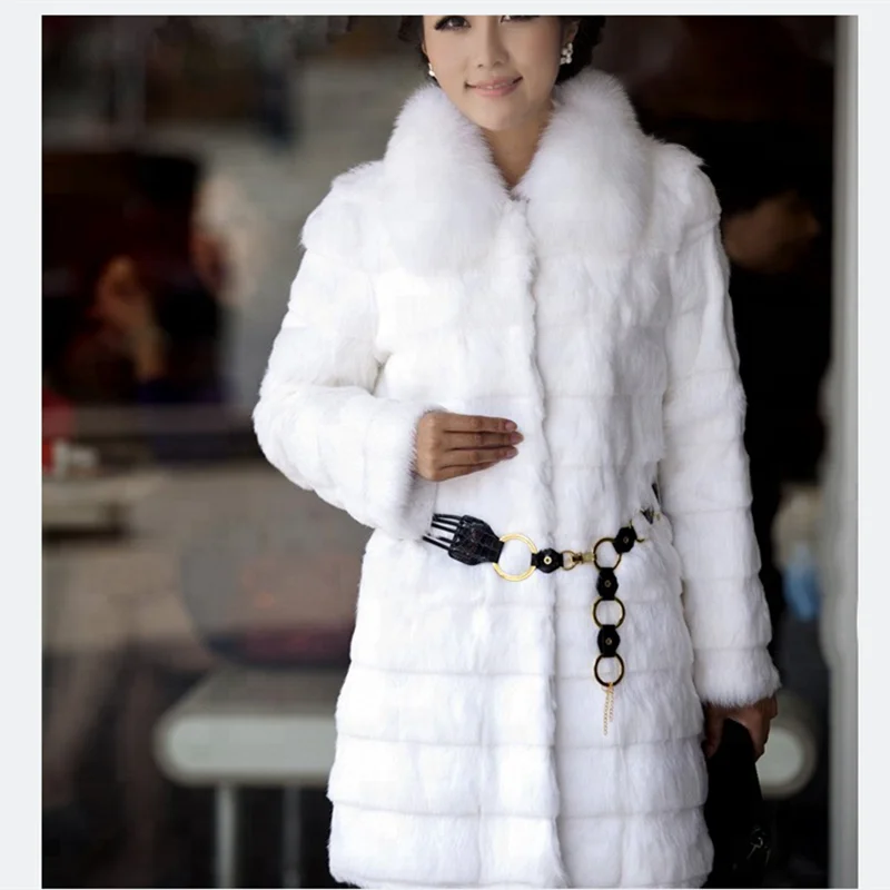 Real natural genuine full pelt rabbit fur coat with fox fur collar women long fashion whole skin fur Stripe jacket waistcoats